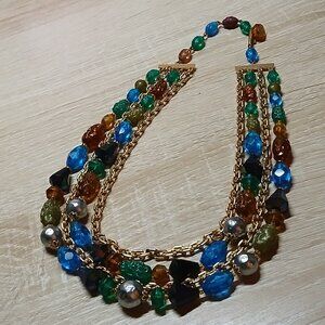 Fashion Costume Jewelry Gold Tone with Multi Color Beads Vintage Necklace #42